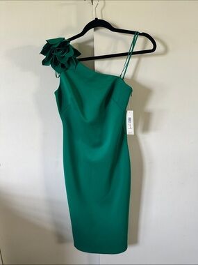 Eliza J Emerald One-Shoulder Dress with Floral Shoulder Detail